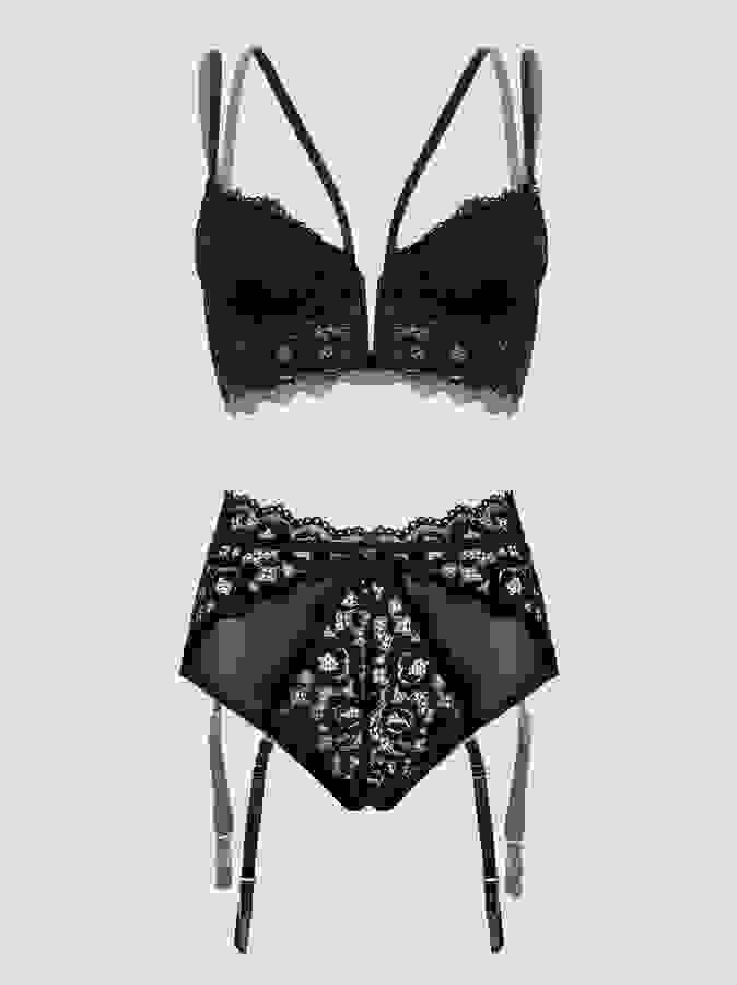 Lovehoney Plus Size Parisienne Black Lace Plunge Longline Bra Set, Black, hi-res